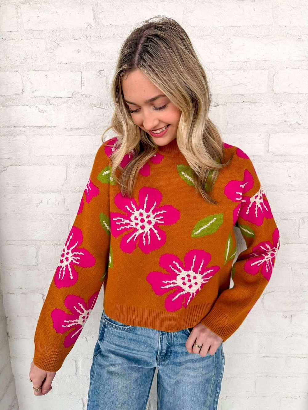 THML Sweater “Finding the Match” Floral Crewneck Mustard Hot Pink Knit Colorful